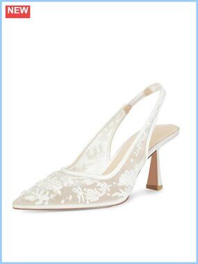 Lace Mesh Slingback Kitten Heels Pointed Toe Beaded Bridal Wedding Pumps